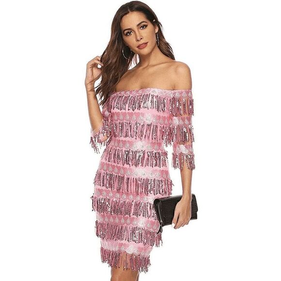 💗✨ 6PCS 1920s Great Gatsby Flapper Pink Sequin Dress & Accessories Set XL NEW - Picture 4 of 16